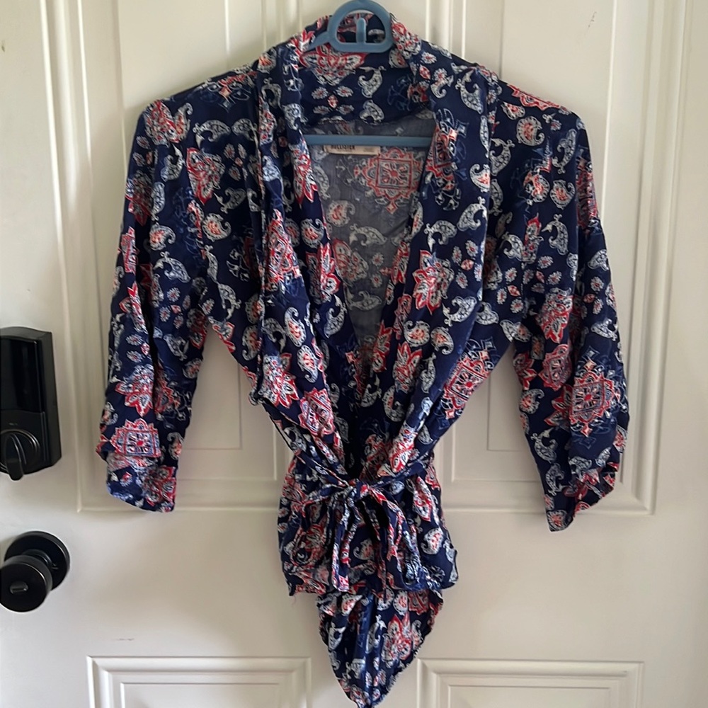 (5/$20) HOLLISTER Viscose Kimono Floral Paisley 3/4 Sleeve Tie Blue Red
